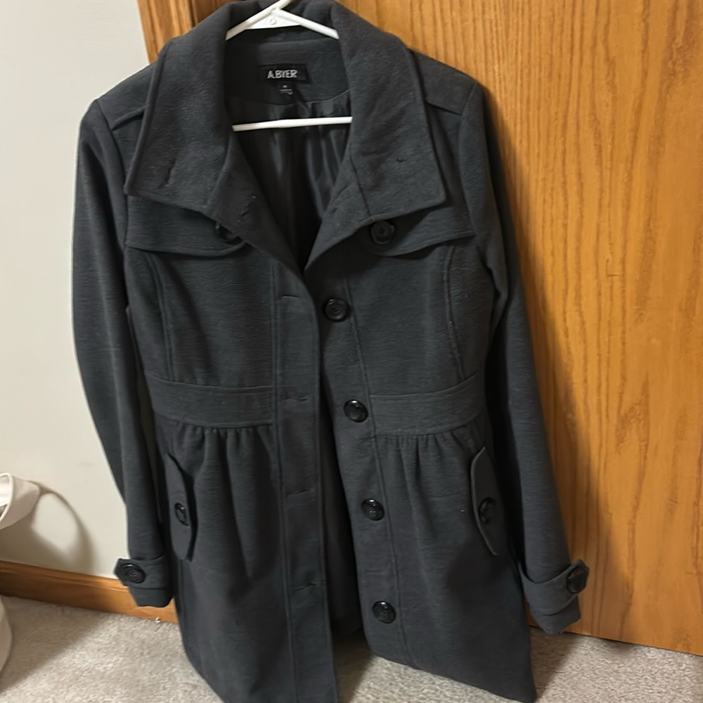 Women’s charcoal gray colored pea coat.
